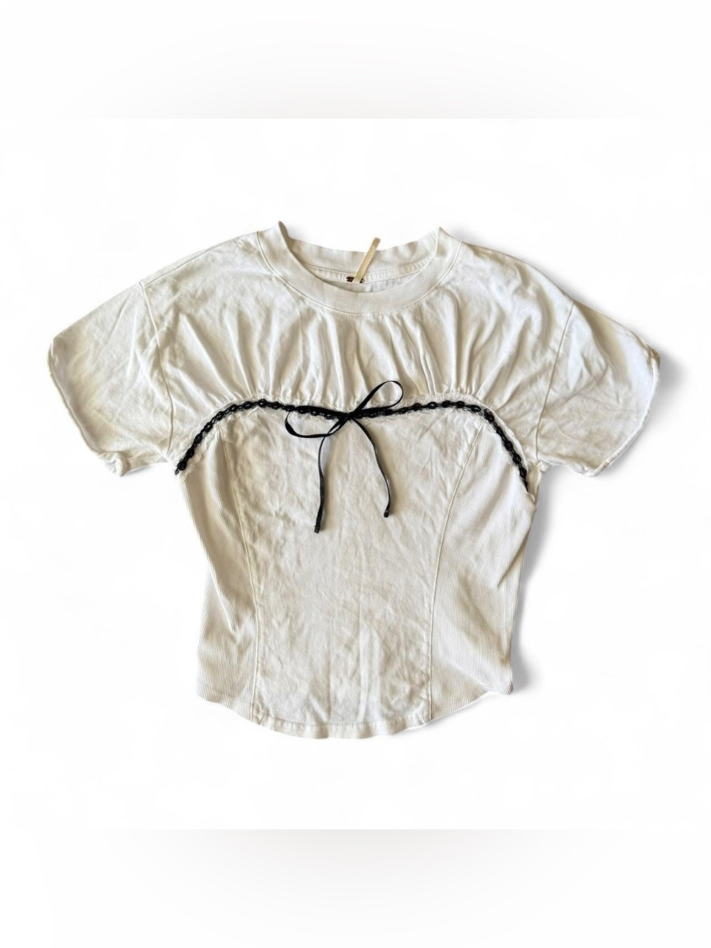 Free People Women’s White/Black Ruched Short Sleeve Lace Bow Corset T-Shirt S
